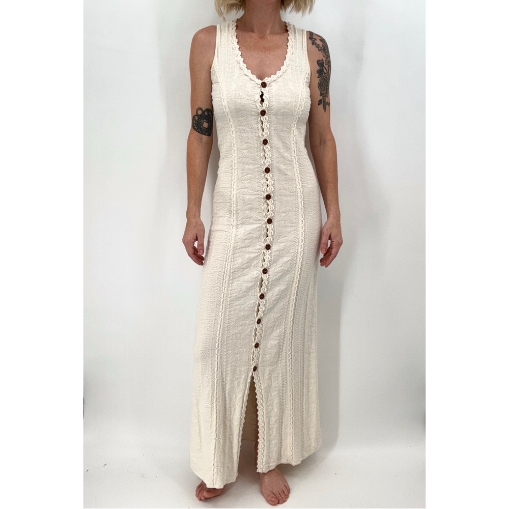 Nazca Cotton Maxi Dress Button Front Crochet Cream Cottage Boho Resort Artisanal